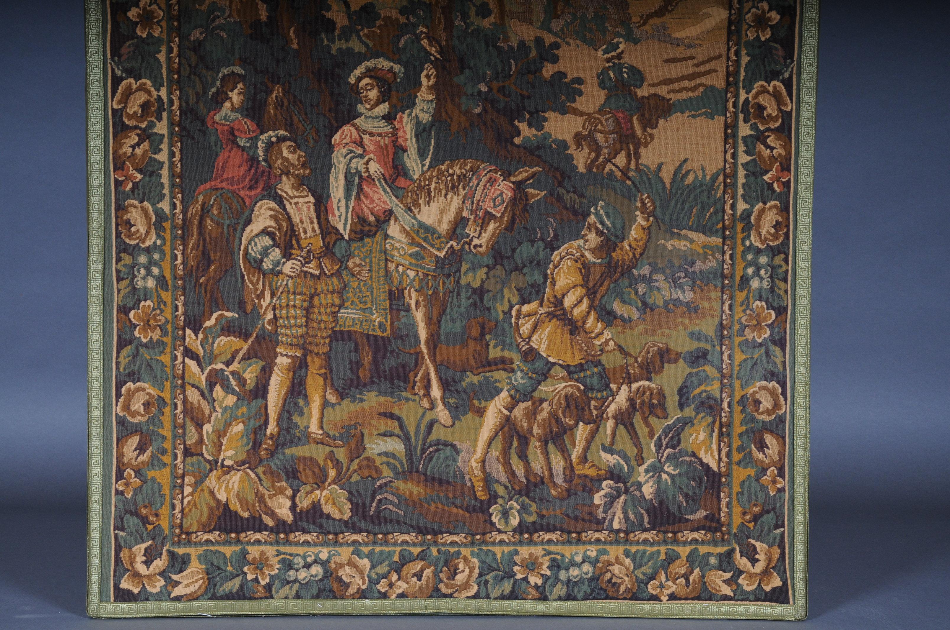 museumsteppich des 20. Jahrhunderts/Gobelein

Beeindruckender und monumentaler Wandteppich. fein gewebter Wandteppich aus dem 20. Jahrhundert. Wahrscheinlich Frankreich.

Es ist eine umfangreiche Landschafts- und Szenendarstellung zu sehen. Sehr