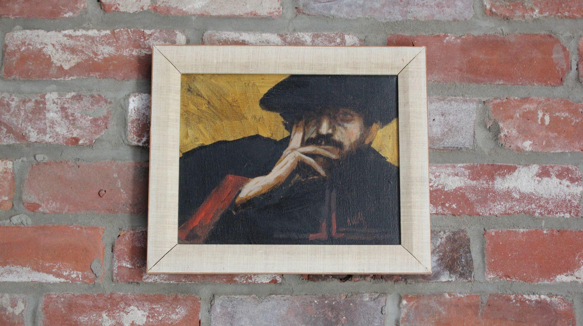 Oil painting believed to depict a Musketeer with hat and cloak with his hand on his face (ca. 20th Century).
Signed 