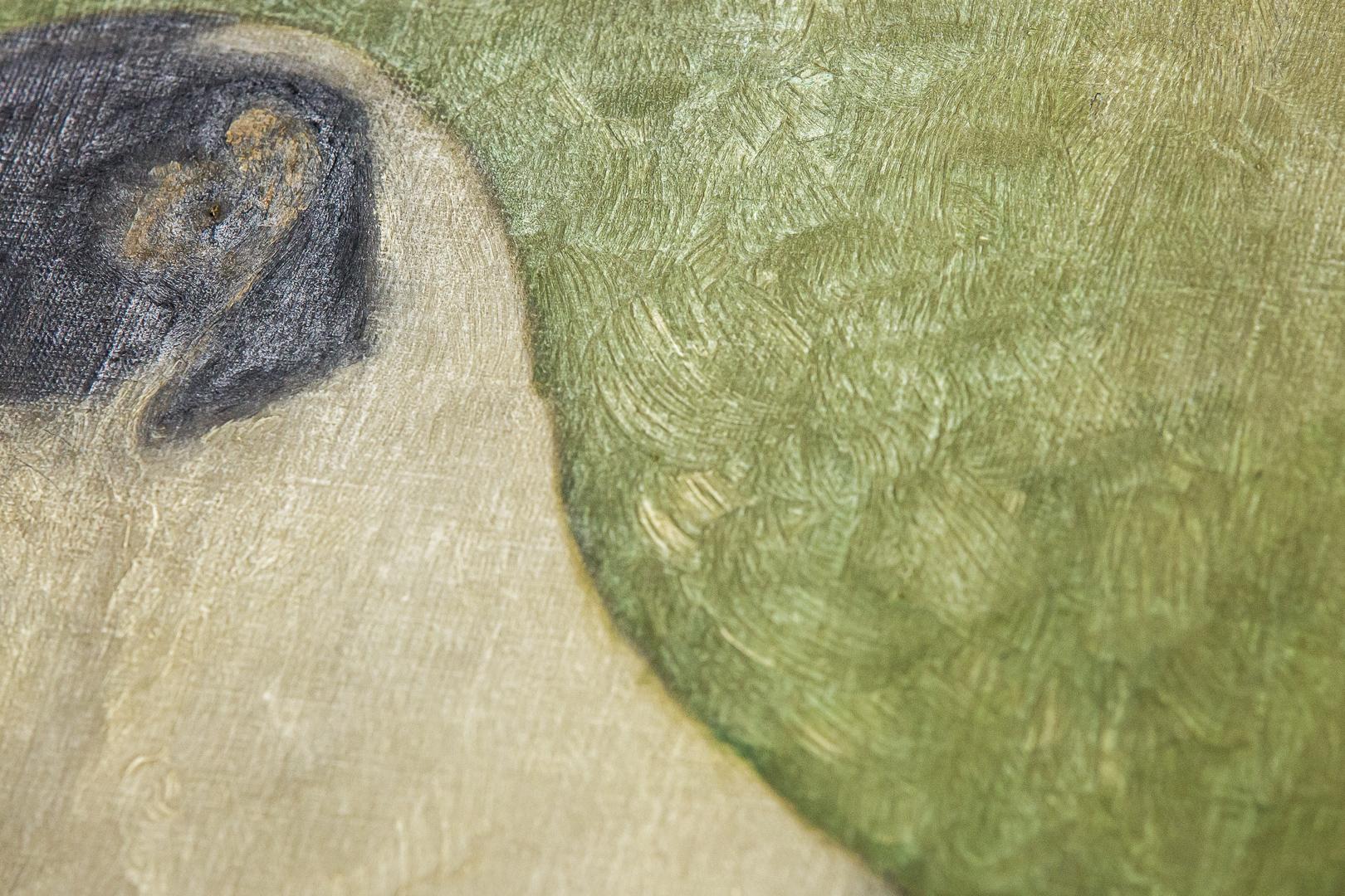 Merveilleuse peinture naïve de Jack Russell terrier, huile sur toile. Pose charmante et détails floraux complexes sur son coussin. France Signé 