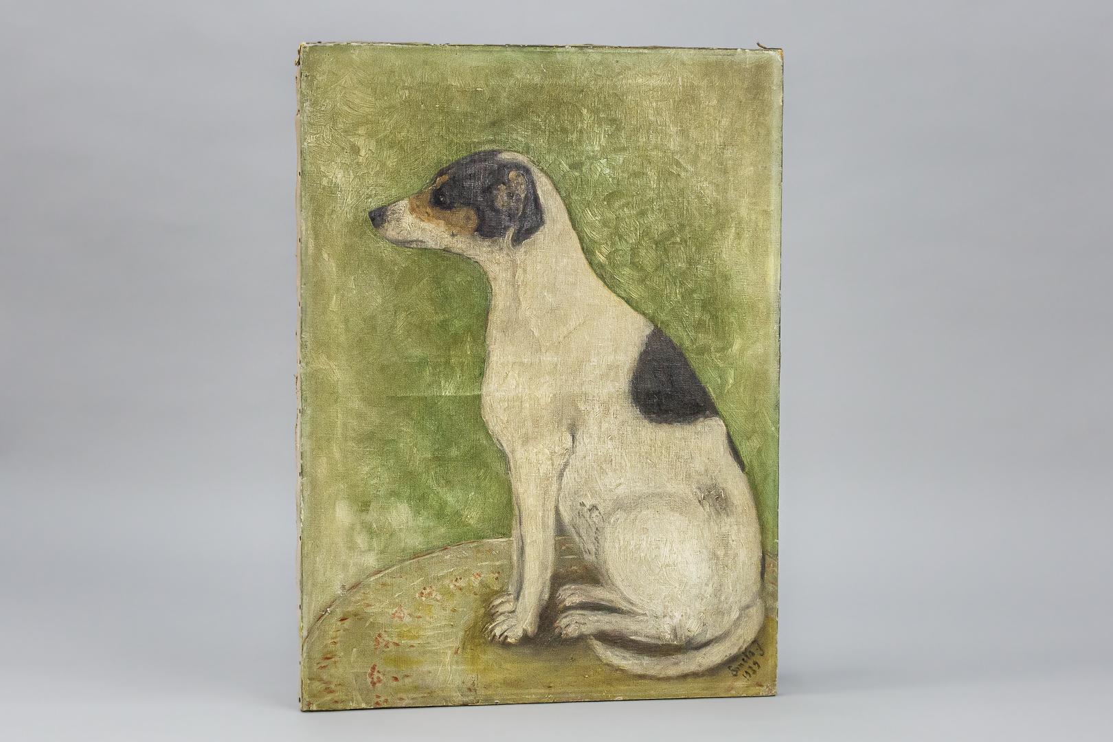 French 20th Century Naïve Oil on Canvas Painting of a Jack Russell