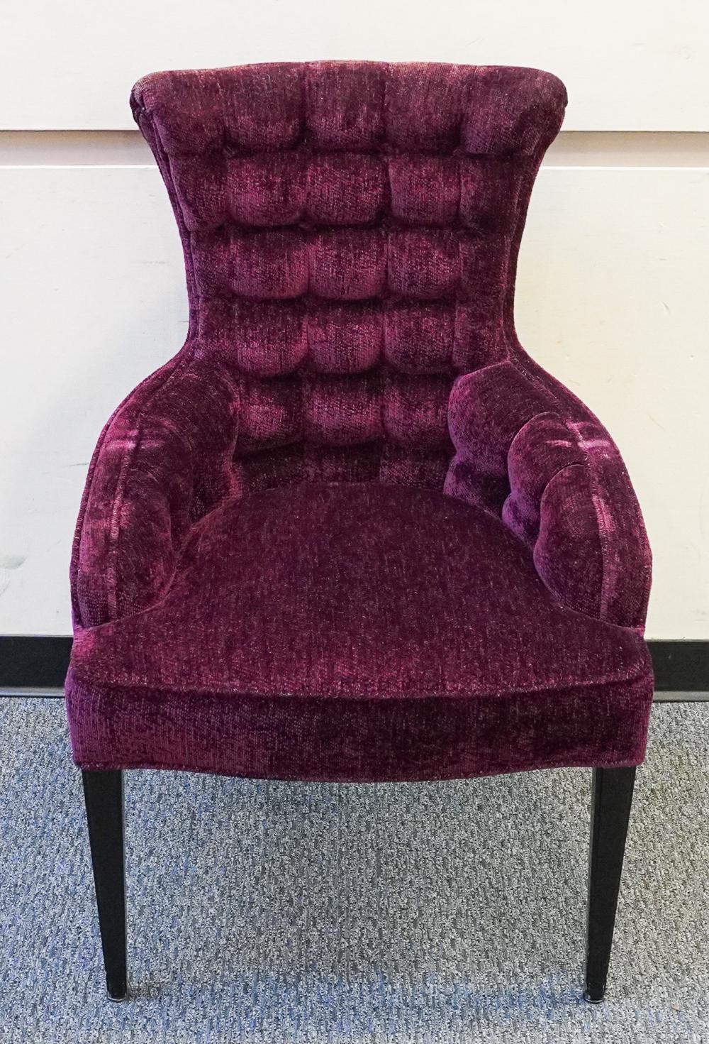 21th Century Nancy Corzine  Tufted Velvet Upholstered Armchair. Excellwnt v8ntage condition. Measures 25.5