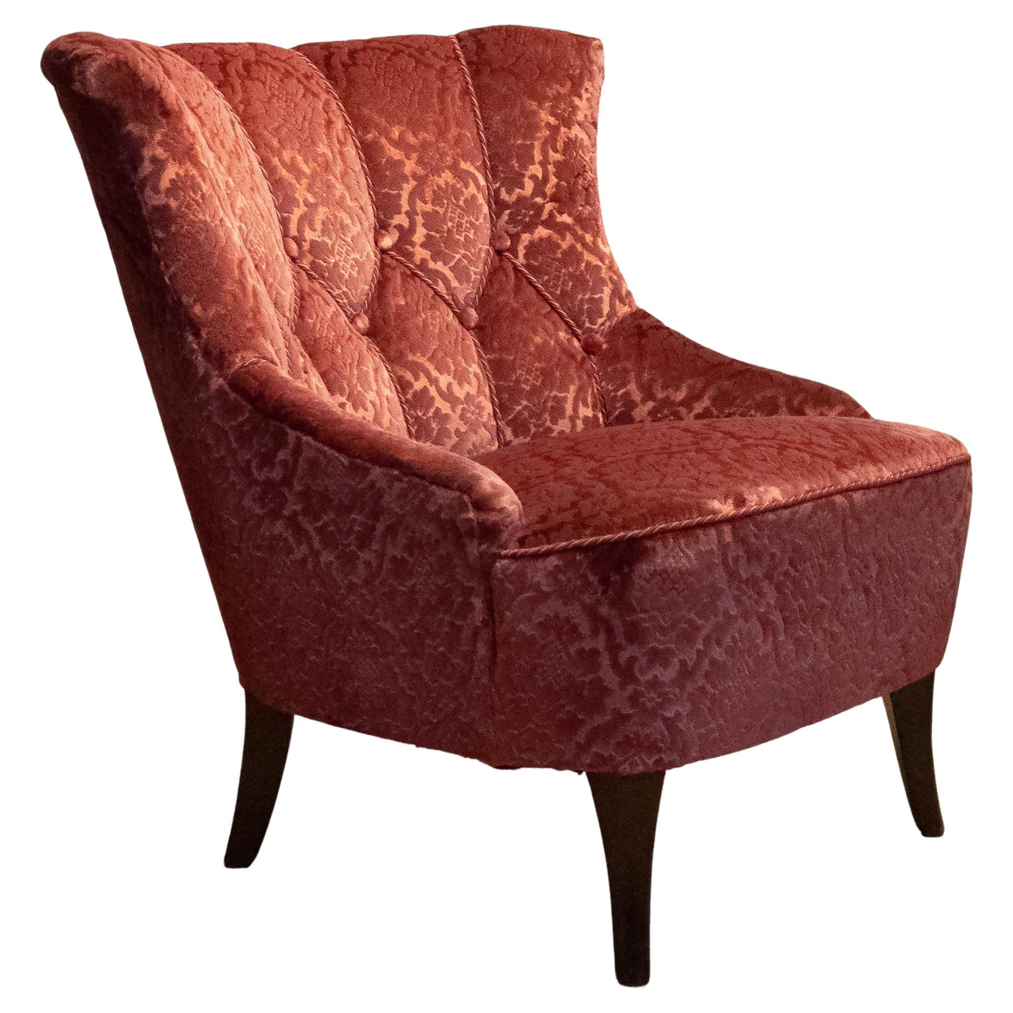 Chaise à pantoufles Napoléon III du 20e siècle en velours Jacquard Brique Ton Sur Ton