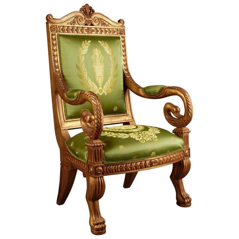 Napoleonischer Schwanstuhl des 20. Jahrhunderts im Empire-Stil aus Buchenholz, poliert und vergoldet im Angebot
