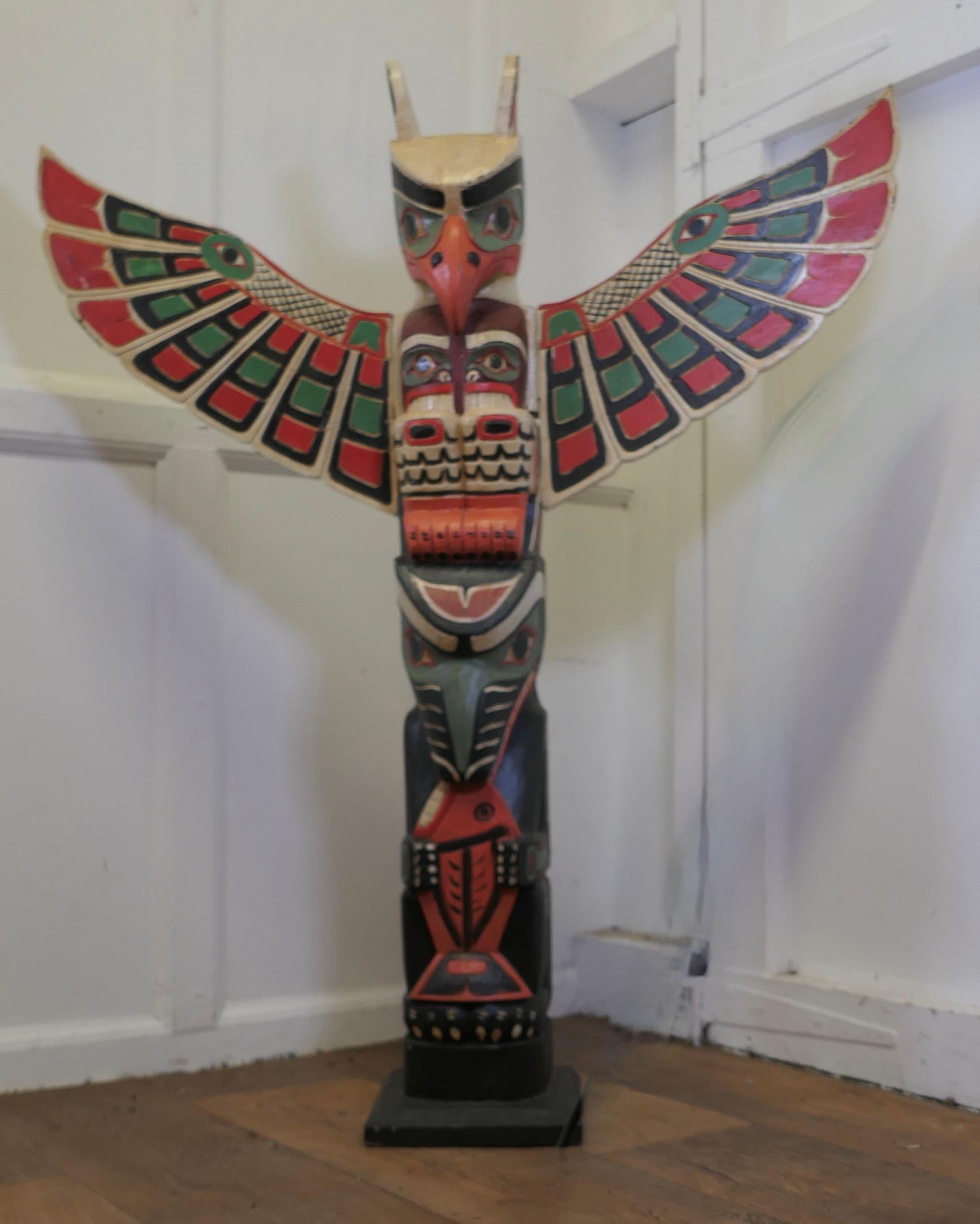 20th Century Native American Painted Totem Pole

A painted animal totem. 
Animal totems are believed to have spiritual significance, watching over Pacific Northwest Indian tribes and families. 

This totem features an eagle or thunderbird at the top