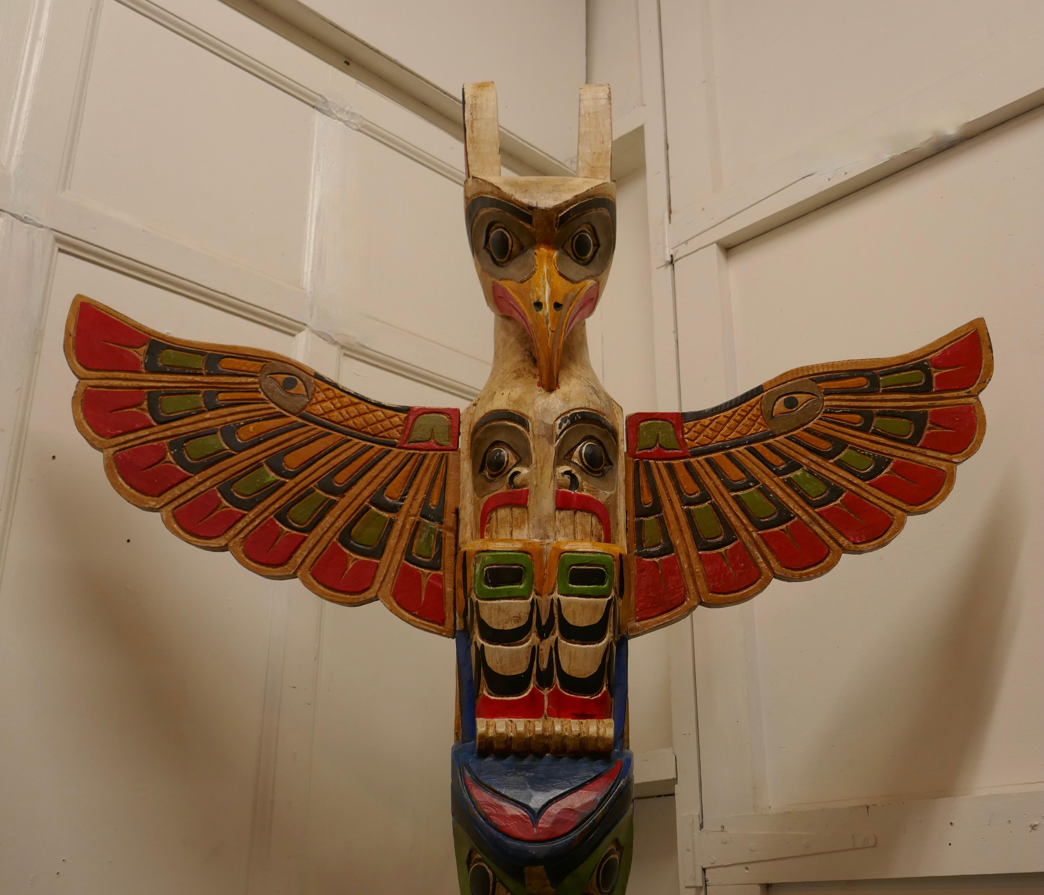 20th century Native American painted TOTEM pole

Over 6 feet tall a painted animal TOTEM. 
Animal totems are believed to have spiritual significance, watching over Pacific Northwest Indian tribes and families. 

This TOTEM features an eagle or