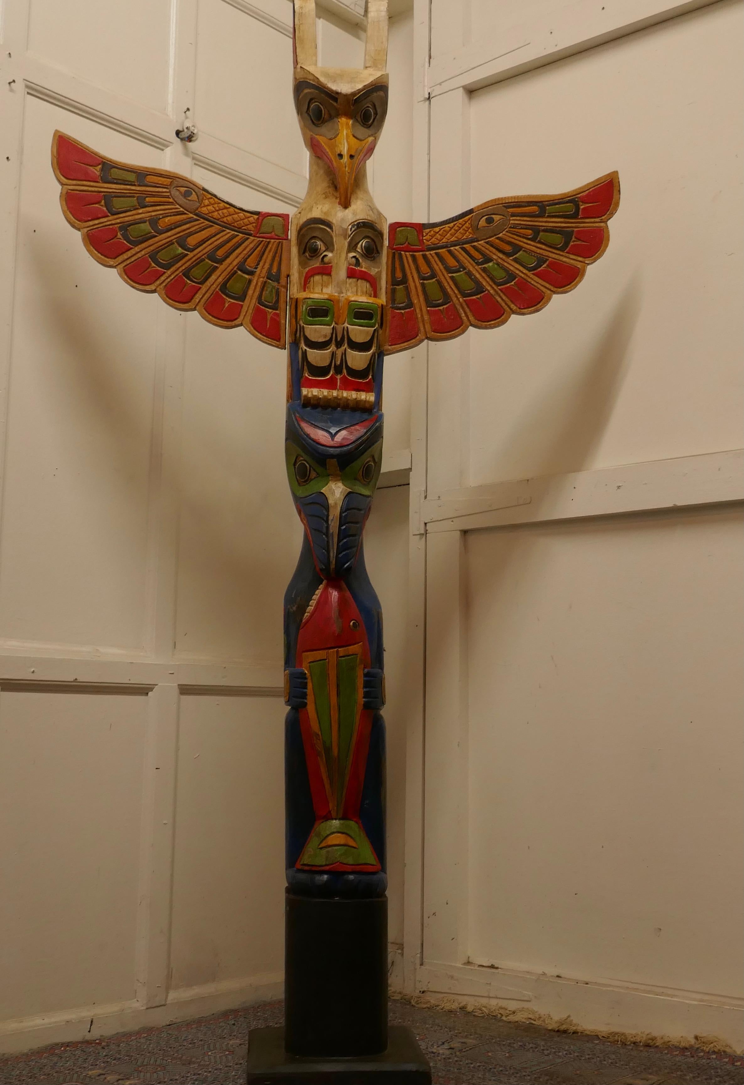 Wood 20th Century Native American Painted TOTEM Pole