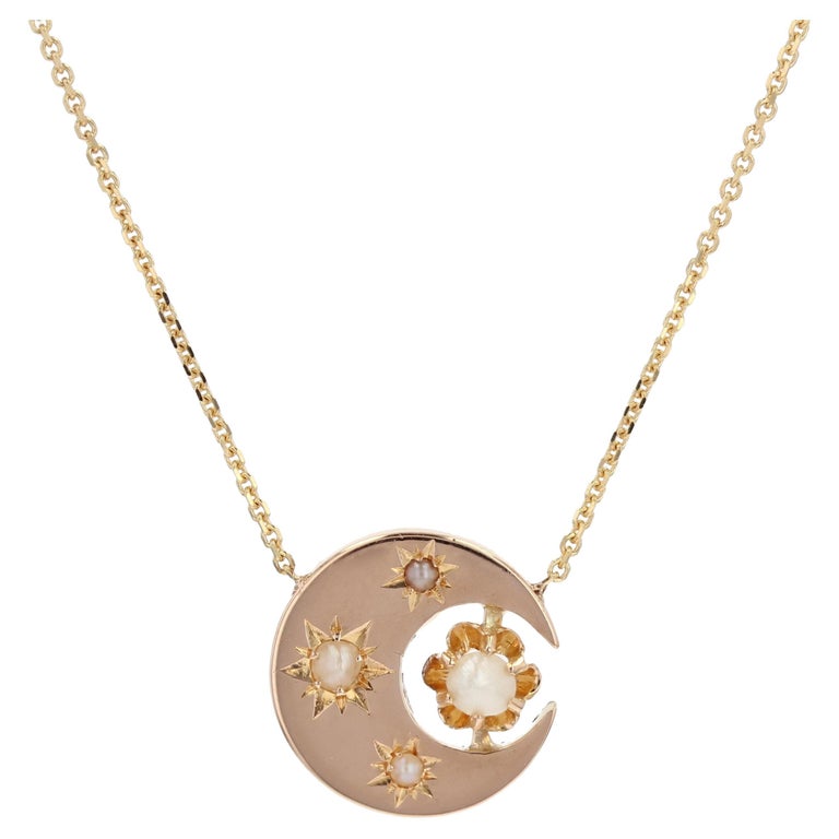 20th Century Natural Pearl 18 Karat Yellow Gold Crescent Moon Pattern ...
