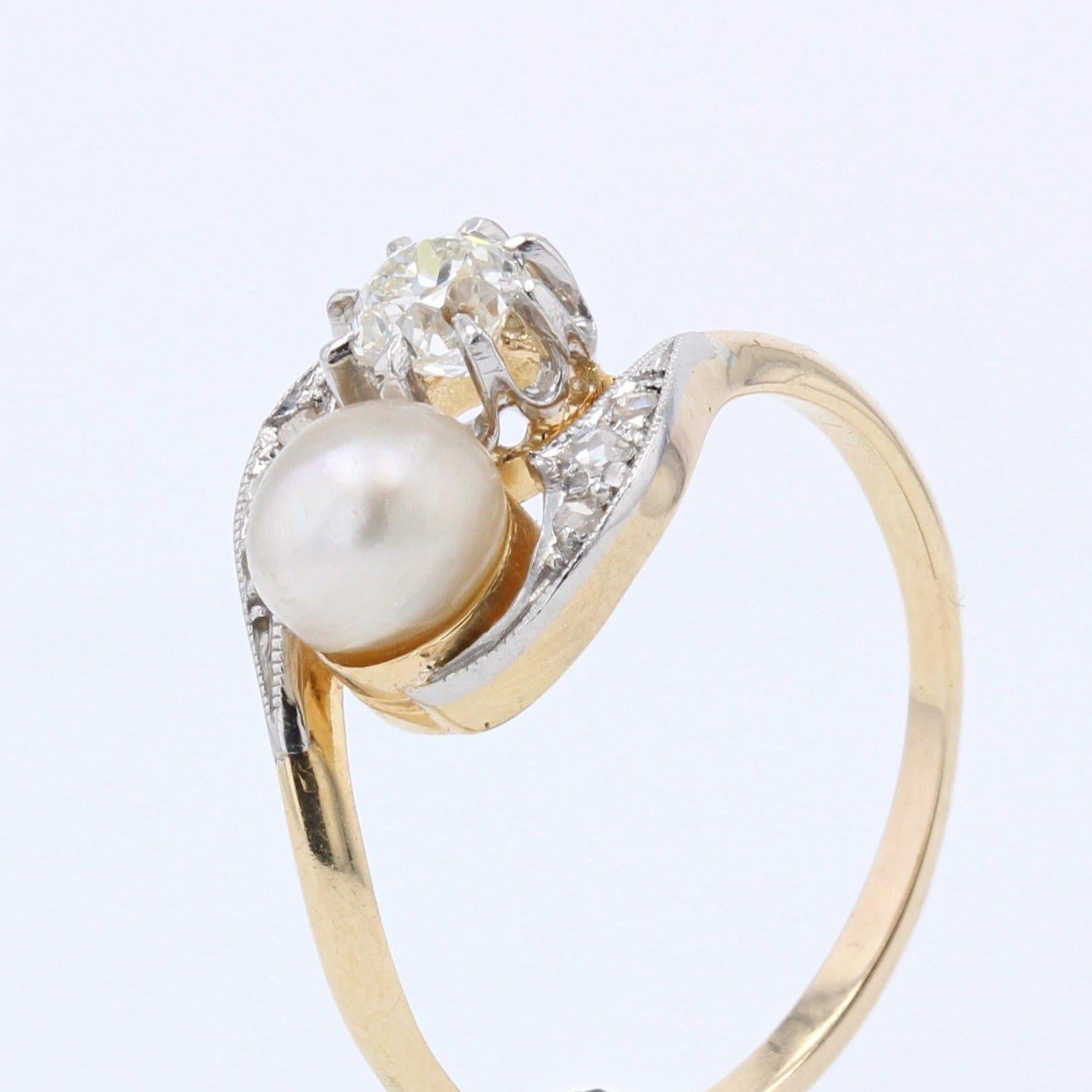 20th Century Natural Pearl Diamonds 18 Karat Yellow Gold You and Me Ring For Sale 2