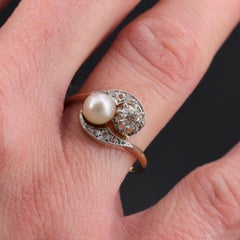 20th Century Natural Pearl Diamonds 18 Karat Yellow Gold You and Me Ring