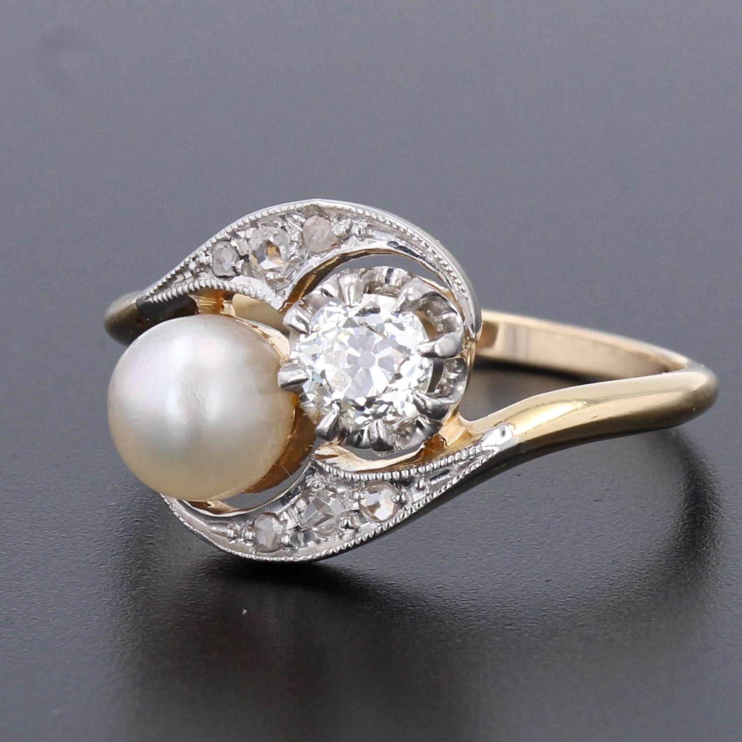 Brilliant Cut 20th Century Natural Pearl Diamonds 18 Karat Yellow Gold You and Me Ring For Sale