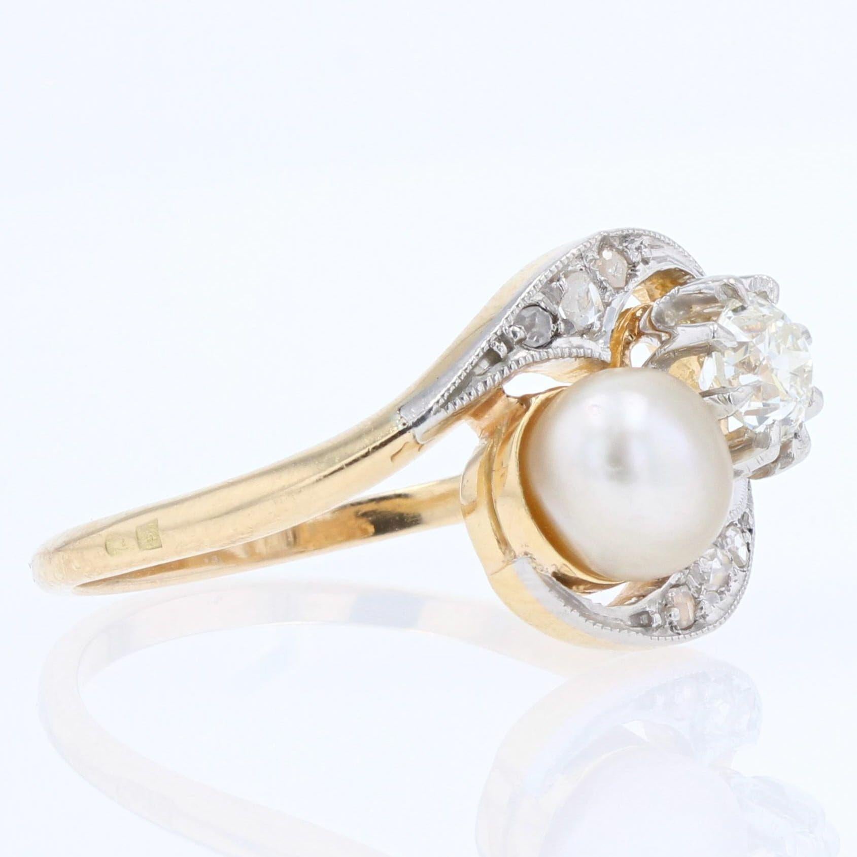 20th Century Natural Pearl Diamonds 18 Karat Yellow Gold You and Me Ring In Good Condition For Sale In Poitiers, FR