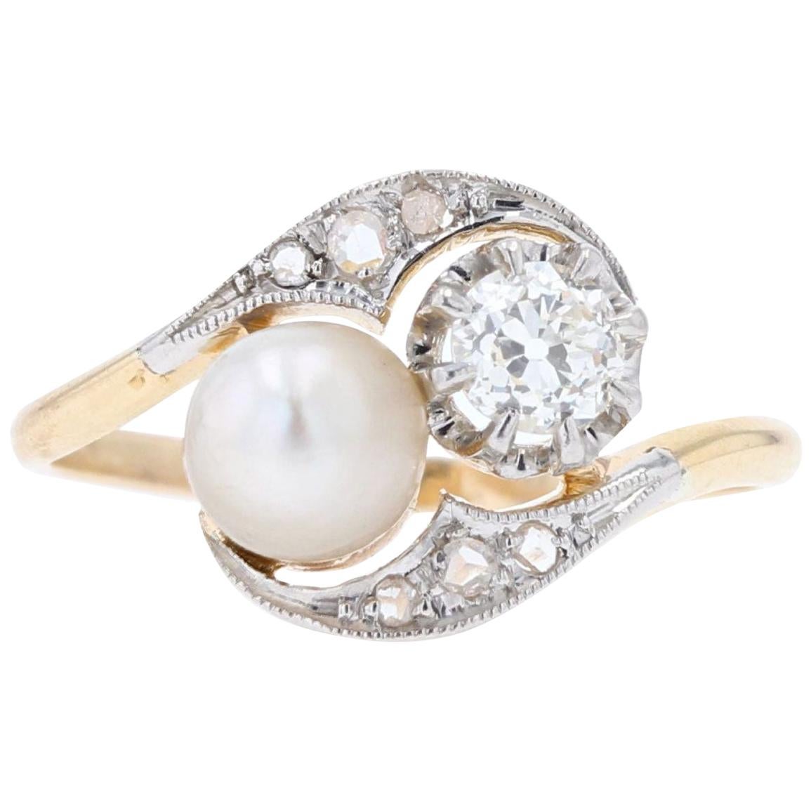 20th Century Natural Pearl Diamonds 18 Karat Yellow Gold You and Me Ring