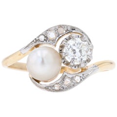 20th Century Pearl Diamonds 18 Karat White Gold You and Me Ring