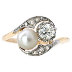 diamond and pearl wedding band Antique 20th Century Natural Pearl Diamonds 18 Karat Yellow Gold You and Me Ring
