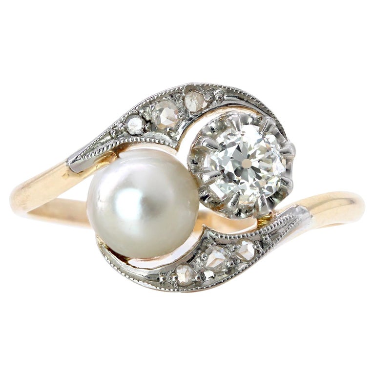 Bague Ancienne Or Jaune 18K Avec Diamants Et Perle De Culture - Taille 53 1/2 - XIXe Siècle