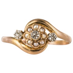 20th Century Natural Pearl Rose-Cut Diamonds 18 Karat Rose Gold Ring