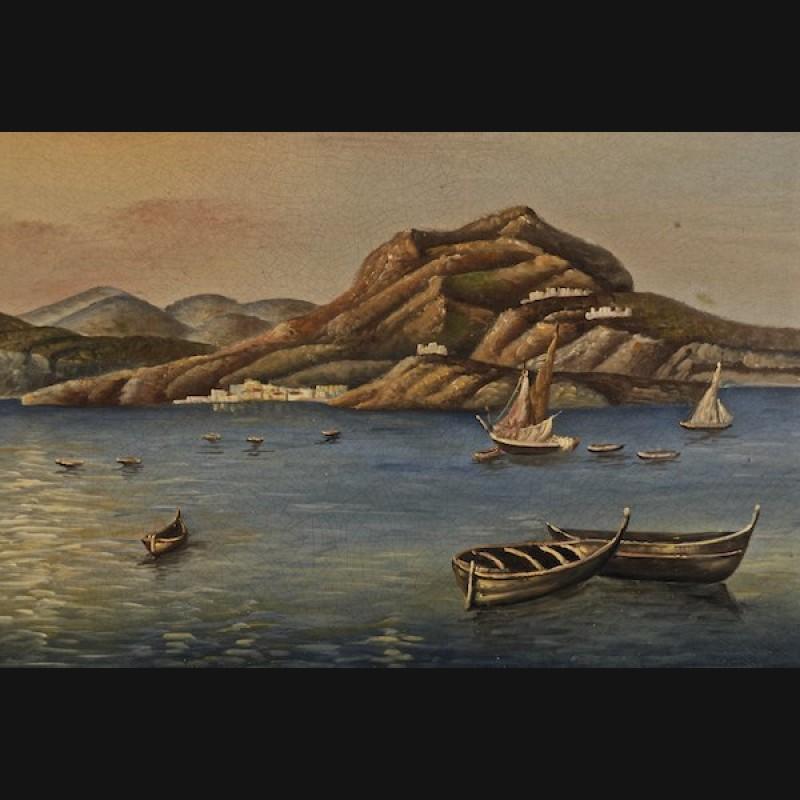 Motiv: Romantic summery view on the pier. View of a big lake with imposing mountains under a beautiful sunset. Summery harbor scenery surrounded by waters and sailboats. Liquid painted, romantic, architecturally detailed Vedute with soft lighting in