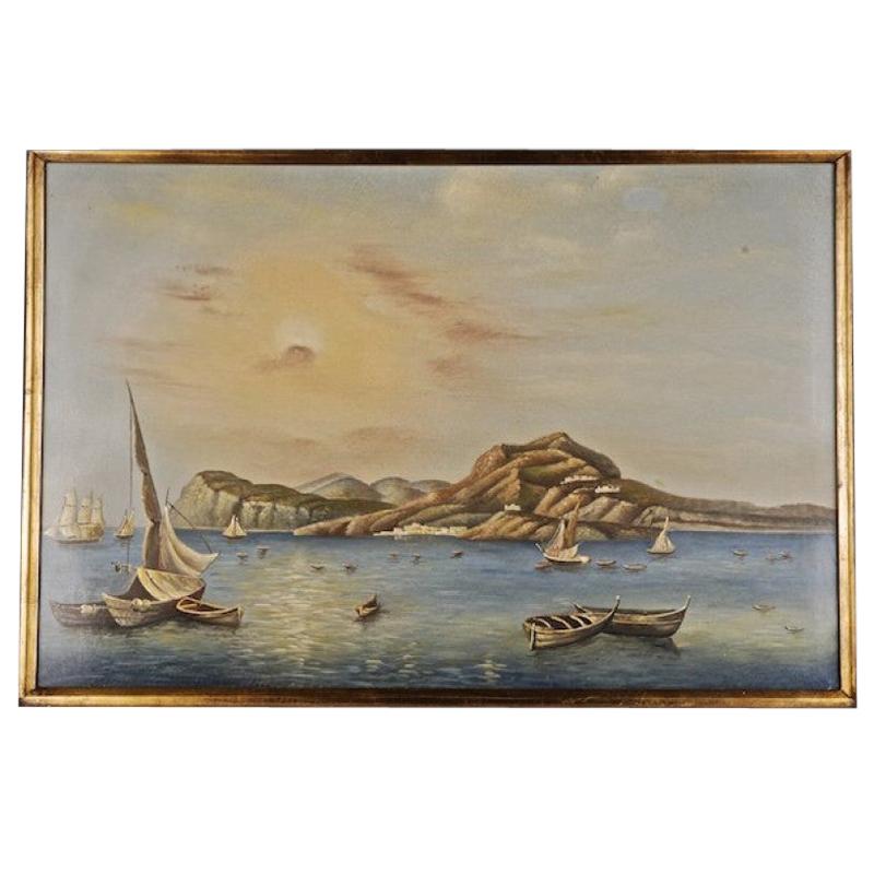 20th Century Naturalistic Oil Painting Romantic Summery View on the Pier For Sale