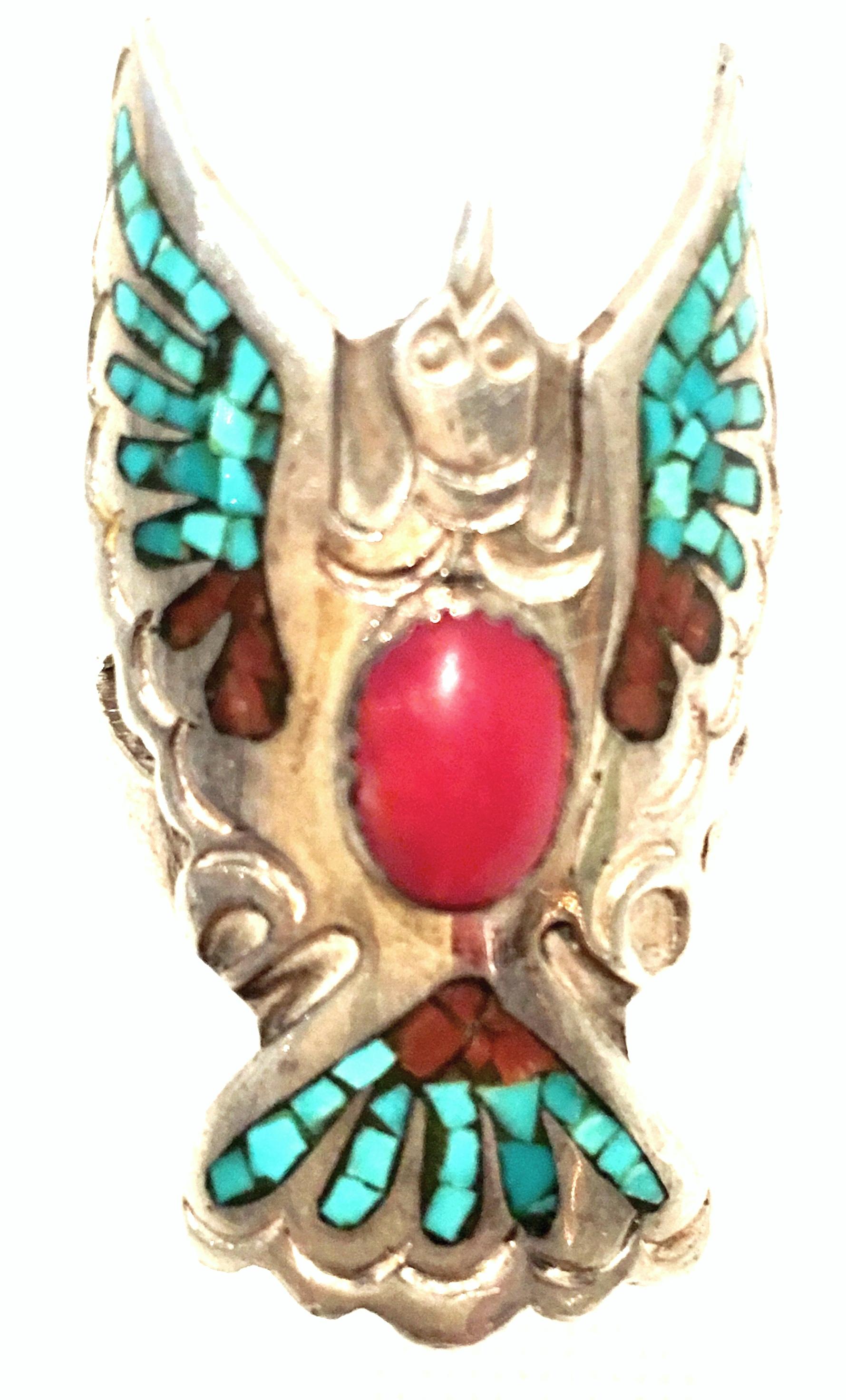 Native American 20th Century Navajo Sterling Silver Turquoise & Coral Ring By, Loren Begay
