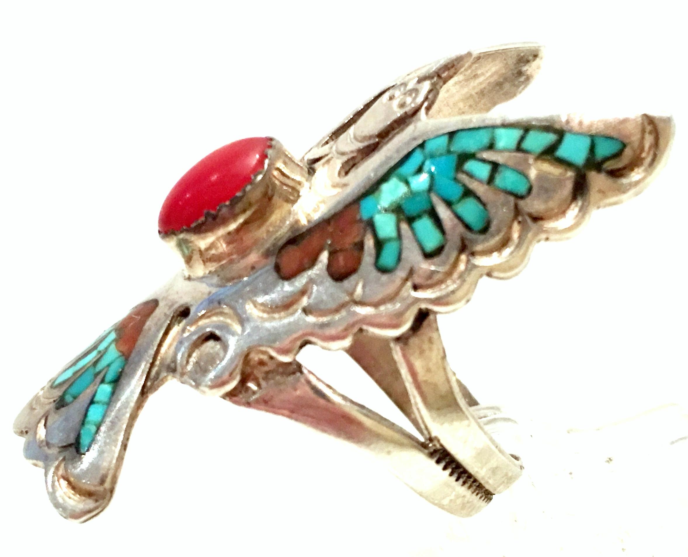 French Cut 20th Century Navajo Sterling Silver Turquoise & Coral Ring By, Loren Begay