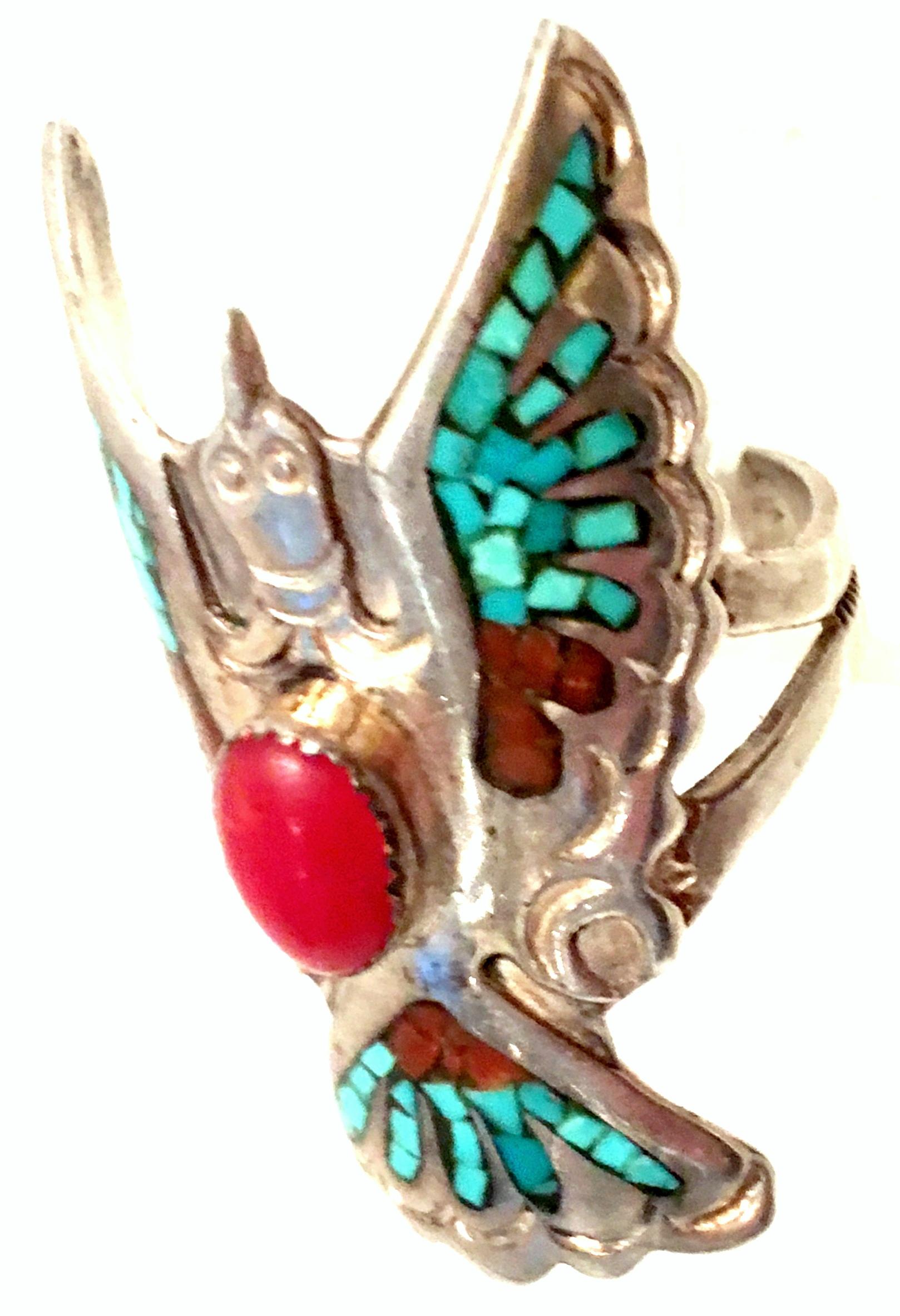 20th Century Navajo Sterling Silver Turquoise & Coral Ring By, Loren Begay In Good Condition In West Palm Beach, FL