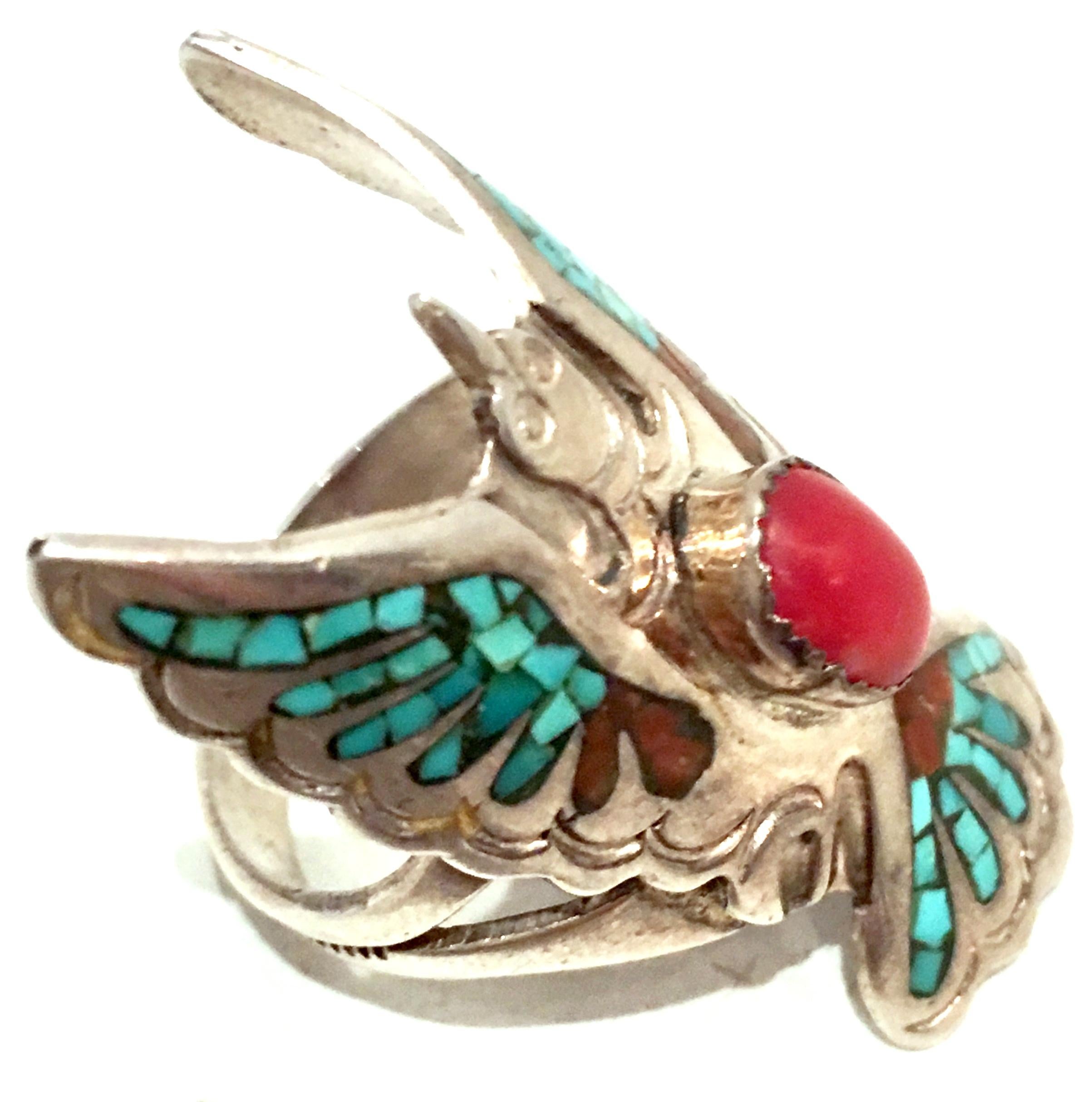 Women's or Men's 20th Century Navajo Sterling Silver Turquoise & Coral Ring By, Loren Begay
