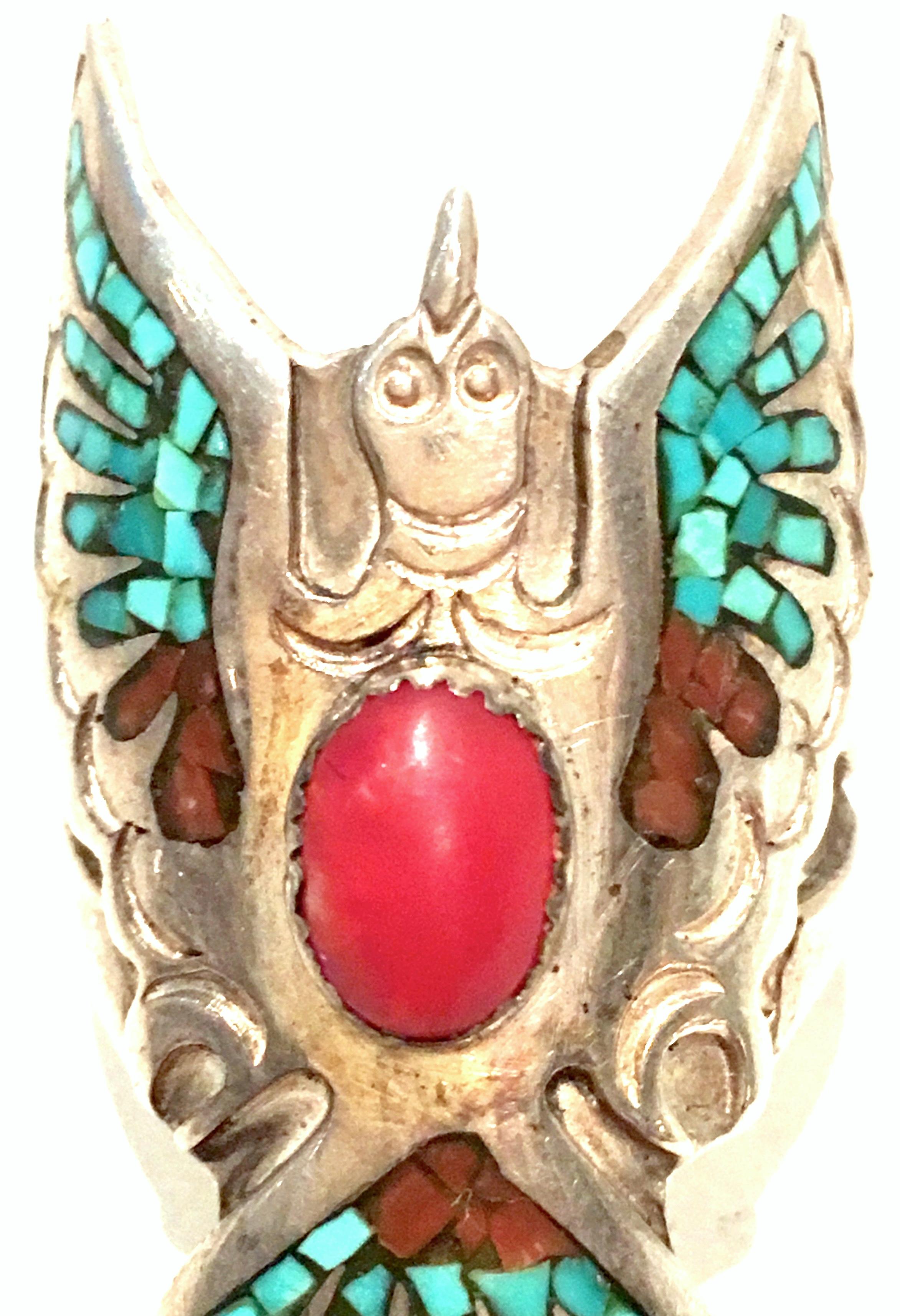 20th Century Navajo Sterling Silver Turquoise & Coral Ring By, Loren Begay 1
