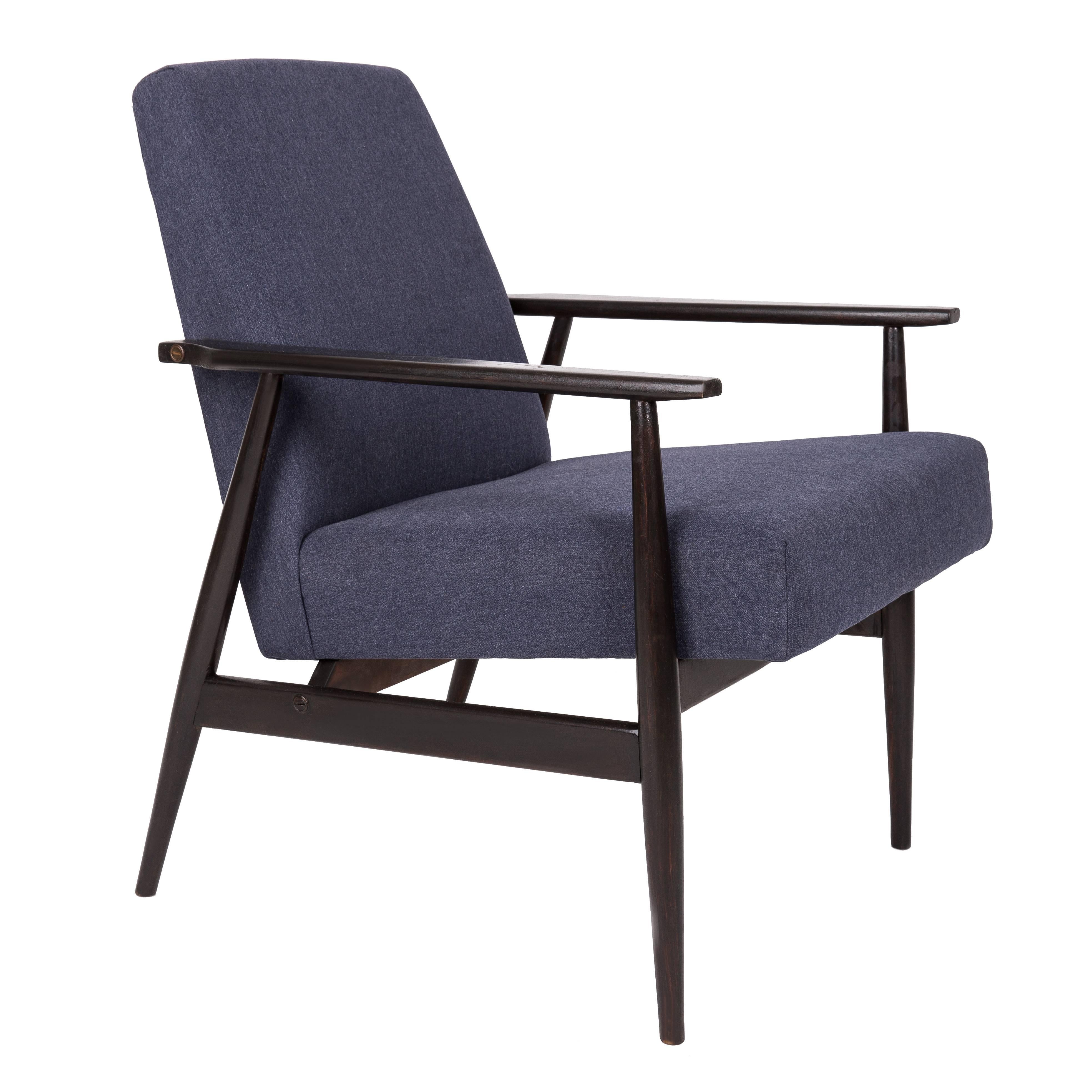 20th Century Navy Blue Denim Armchair, H. Lis, Poland, 1960s For Sale