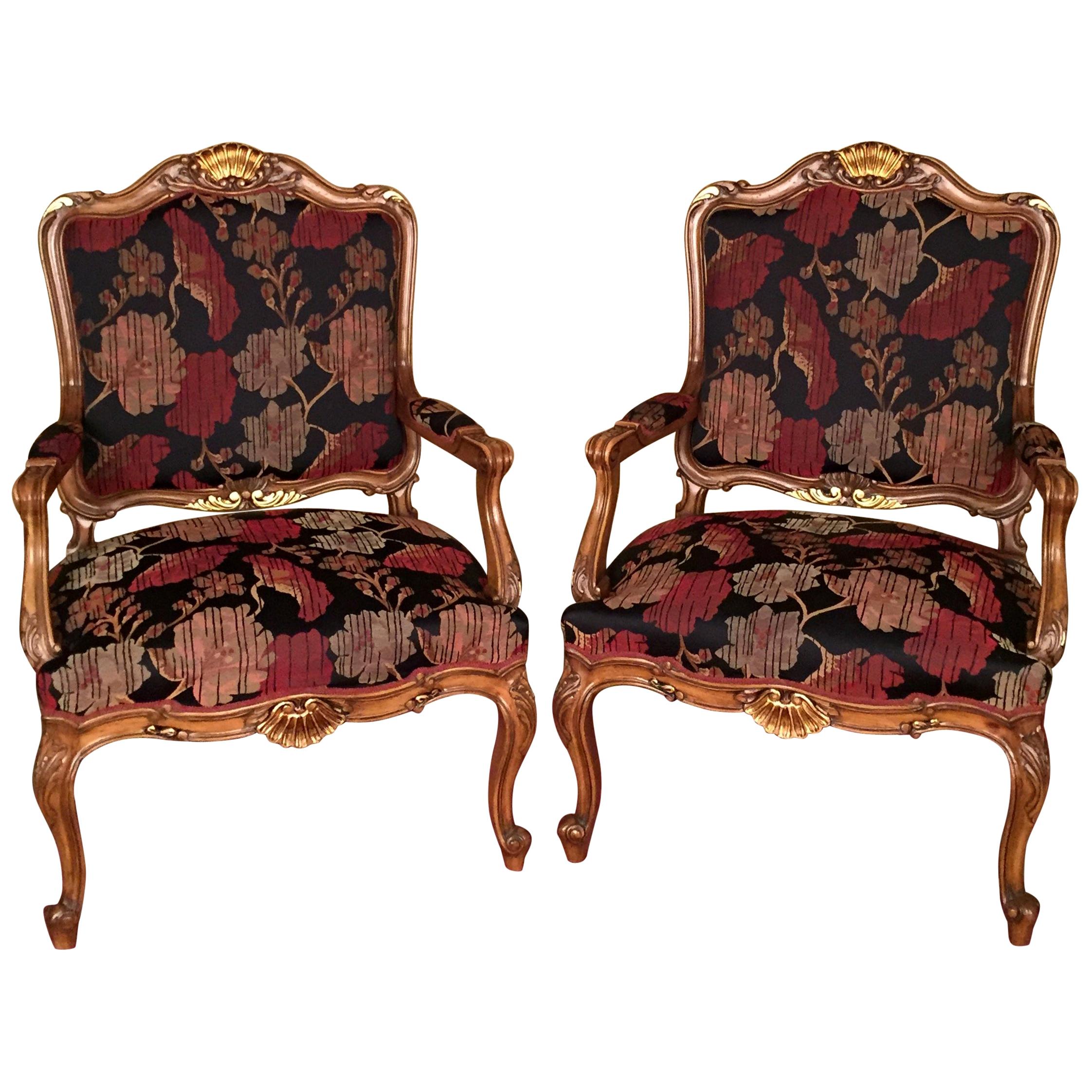 20th Century Neo Baroque Pair of Armchairs, Solid Walnut