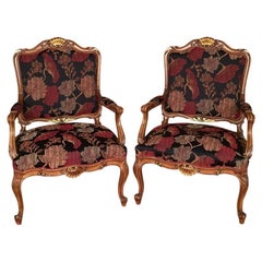 20th Century Neo Baroque Pair of Armchairs, Solid Walnut