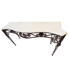 20th Century Neo-Gothic Bronze Colored Cast Iron Console w/ Carrara Marble Top