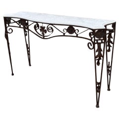 20th Century Neo-Gothic Bronze Colored Cast Iron Console w/ Carrara Marble Top