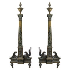 20th Century Neoclassical Bronze Andirons with Flame Finial