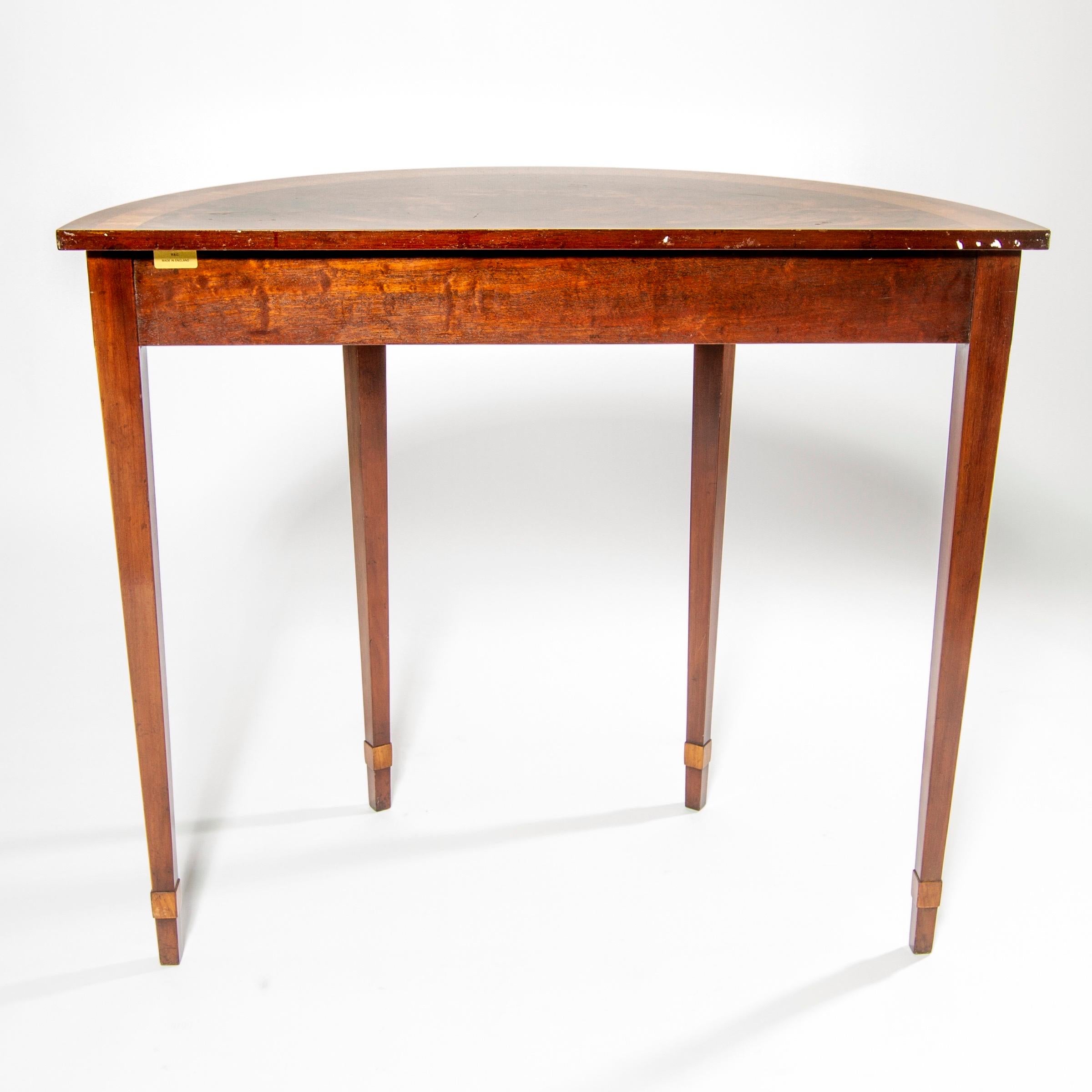 Elm 20th Century Neoclassical Directoire Mahogany Inlay Demilune Console Table, RBC For Sale