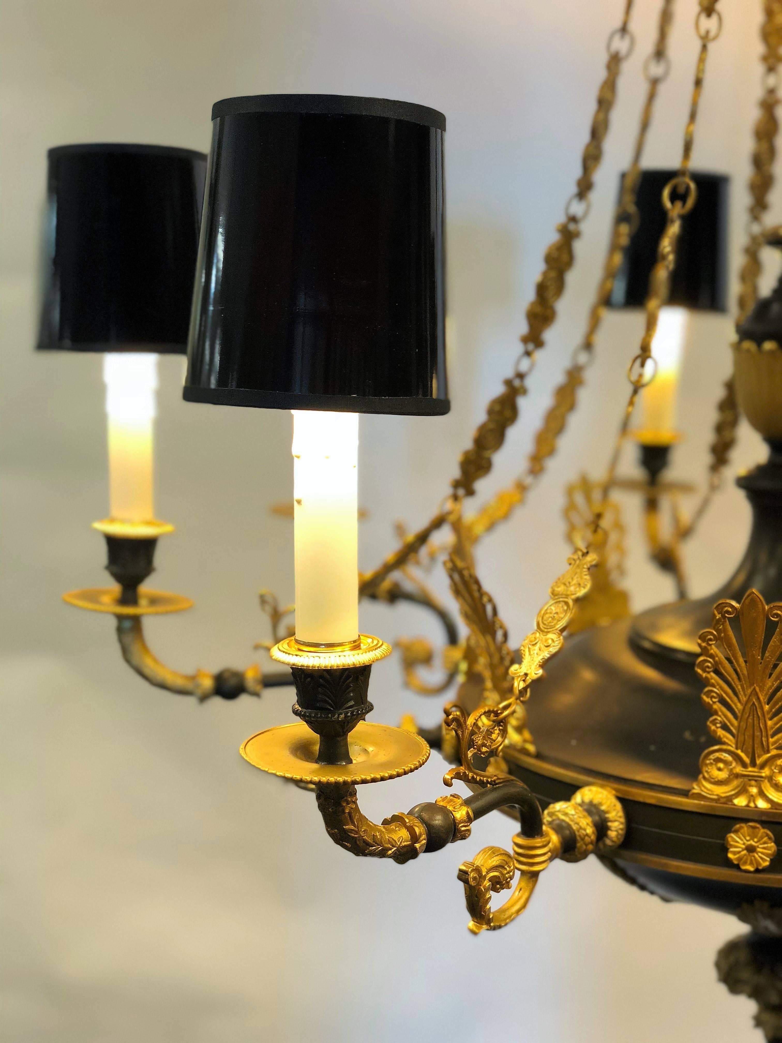 Gilt 20th Century Neoclassical Empire French Gild and Patinated Chandelier For Sale
