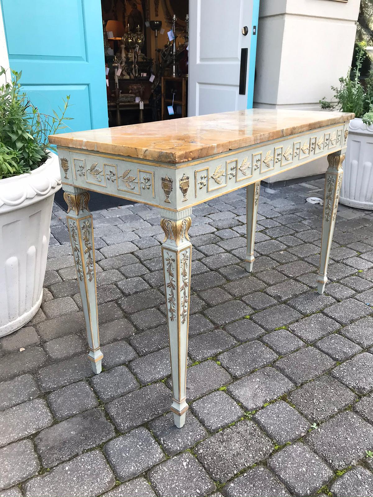 20th century neoclassical frosted green and gilt console with yellow marble top.