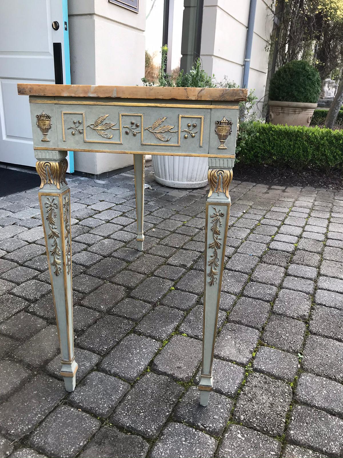 Hand-Painted 20th Century Neoclassical Frosted Green and Gilt Console with Yellow Marble Top