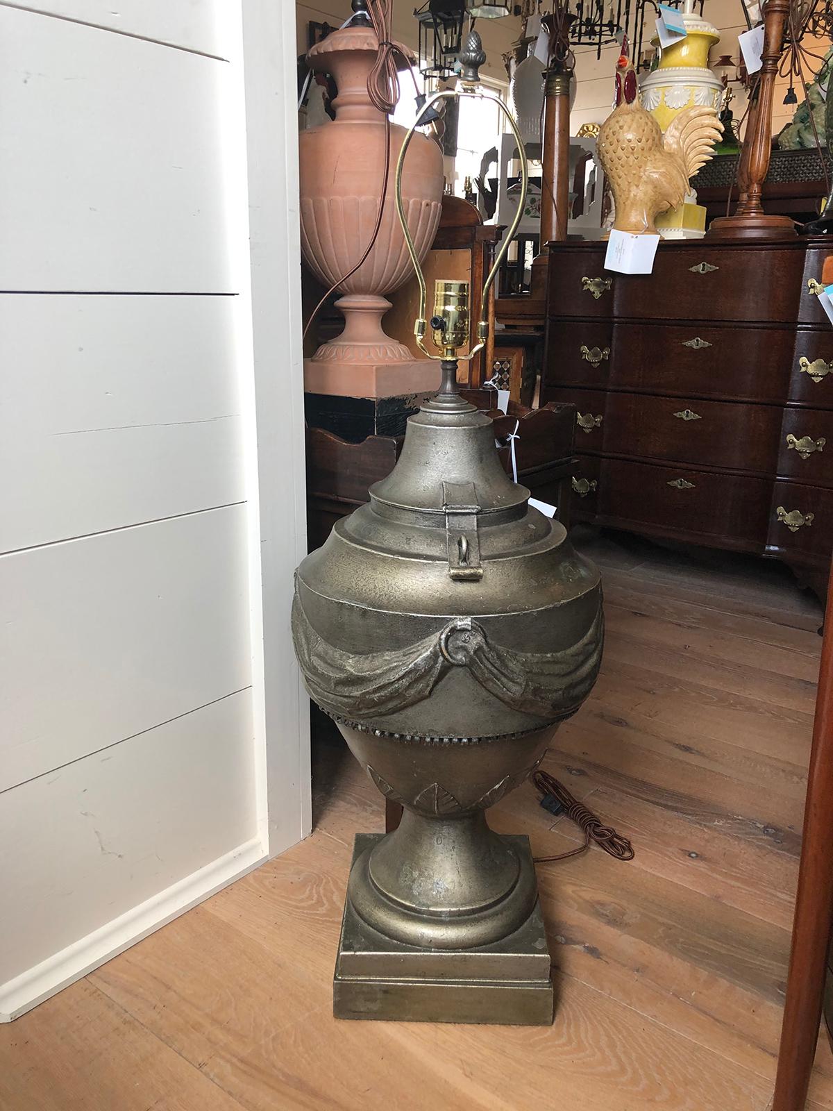 20th century neoclassical Italian patinated tole urn as lamp
New wiring.