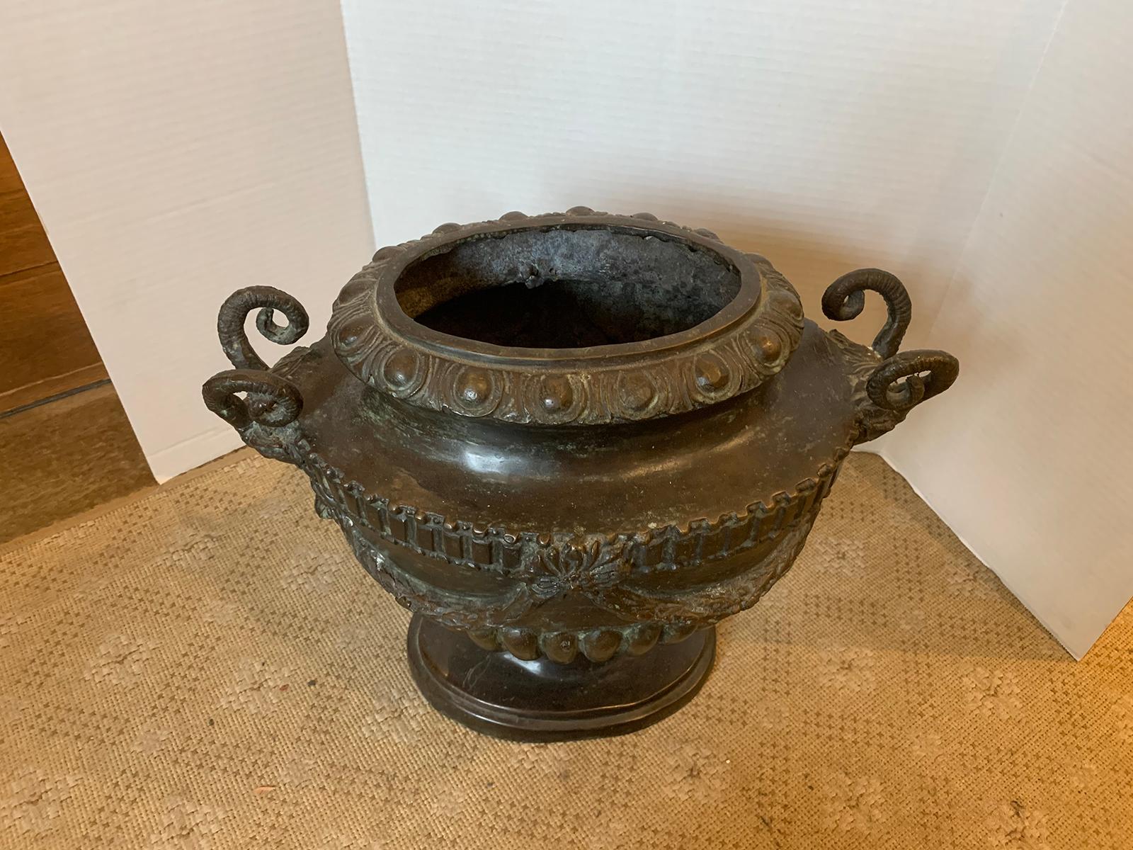 20th Century Neoclassical Oval Bronze Urn with Rams Heads For Sale 11