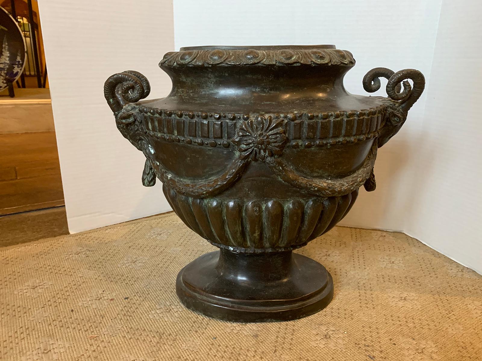 20th Century Neoclassical Oval Bronze Urn with Rams Heads In Good Condition For Sale In Atlanta, GA