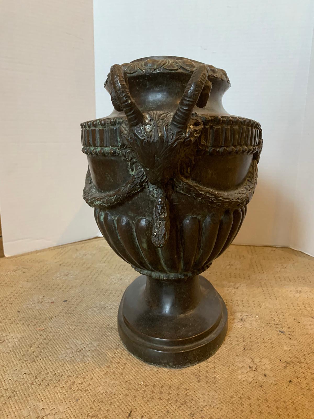 20th Century Neoclassical Oval Bronze Urn with Rams Heads For Sale 1