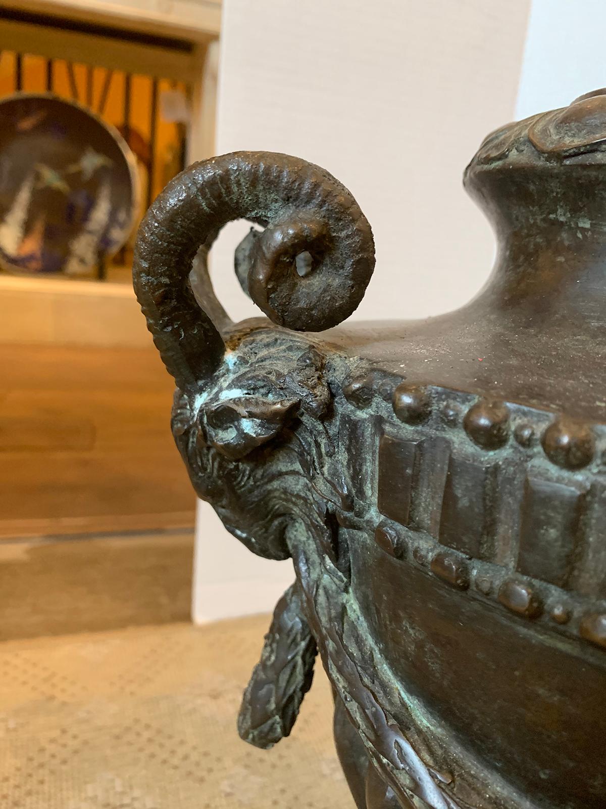 20th Century Neoclassical Oval Bronze Urn with Rams Heads For Sale 2