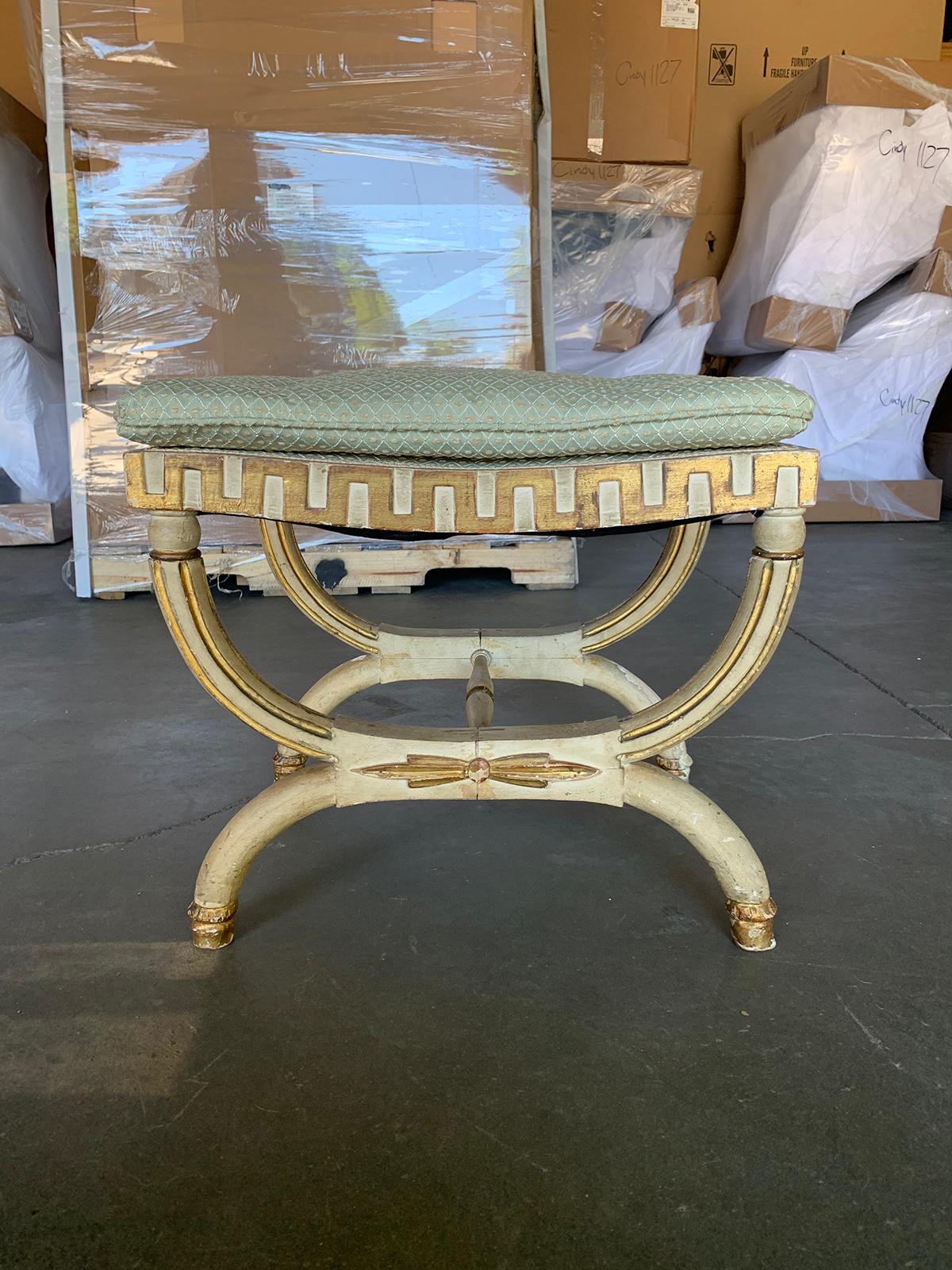 20th century neoclassical painted bench stool with Greek key and gilt details.