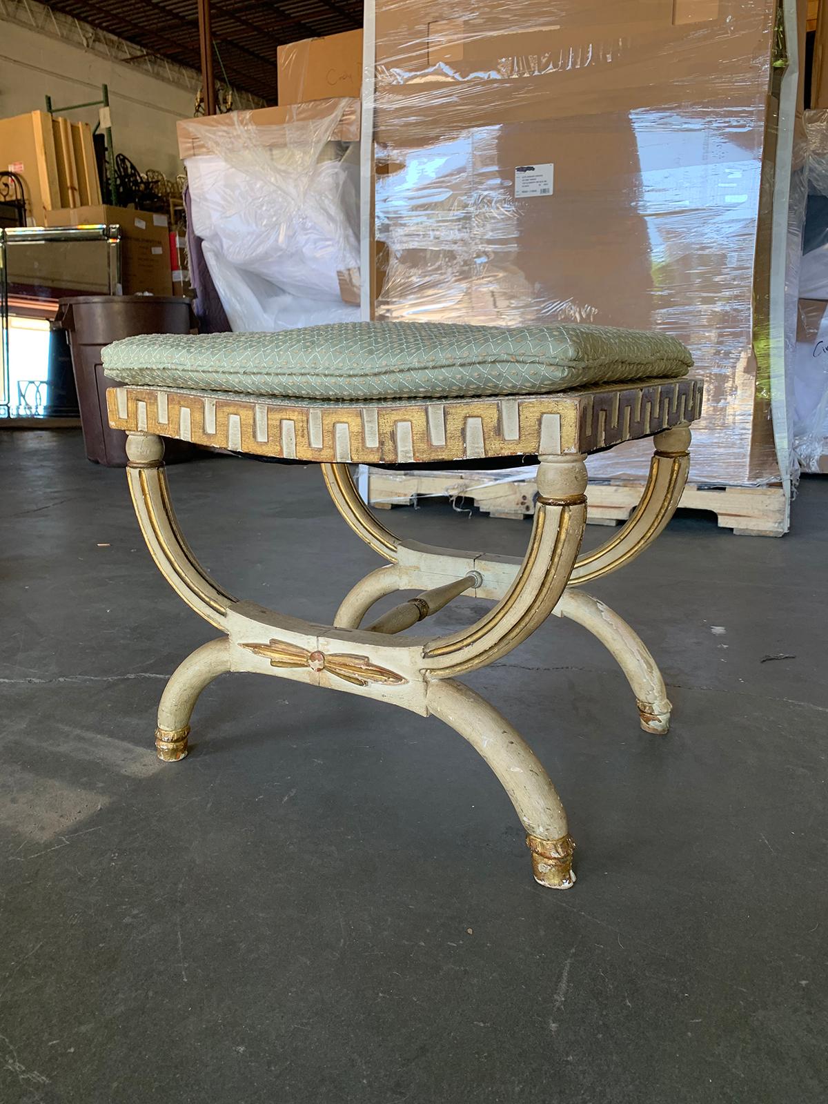 French 20th Century Neoclassical Painted Bench Stool with Greek Key and Gilt Details
