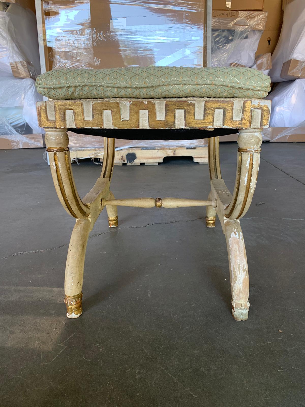 20th Century Neoclassical Painted Bench Stool with Greek Key and Gilt Details In Good Condition In Atlanta, GA