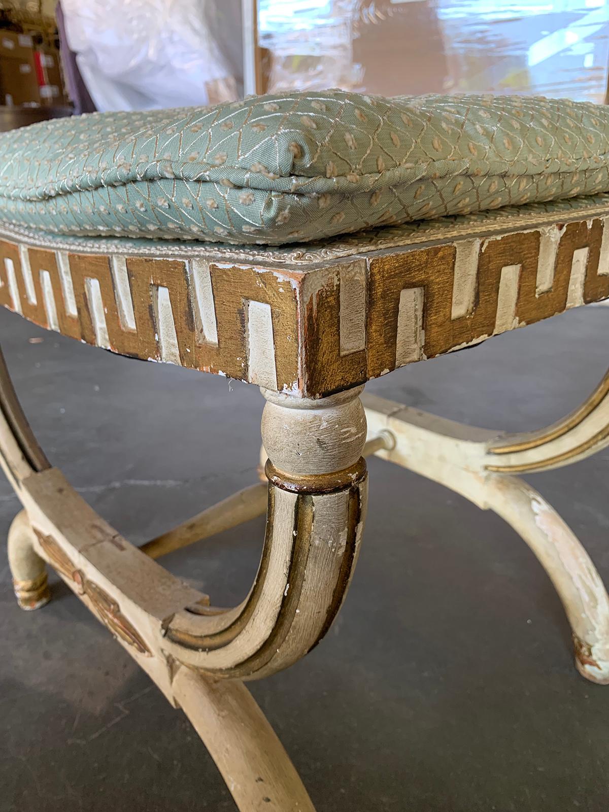 Wood 20th Century Neoclassical Painted Bench Stool with Greek Key and Gilt Details