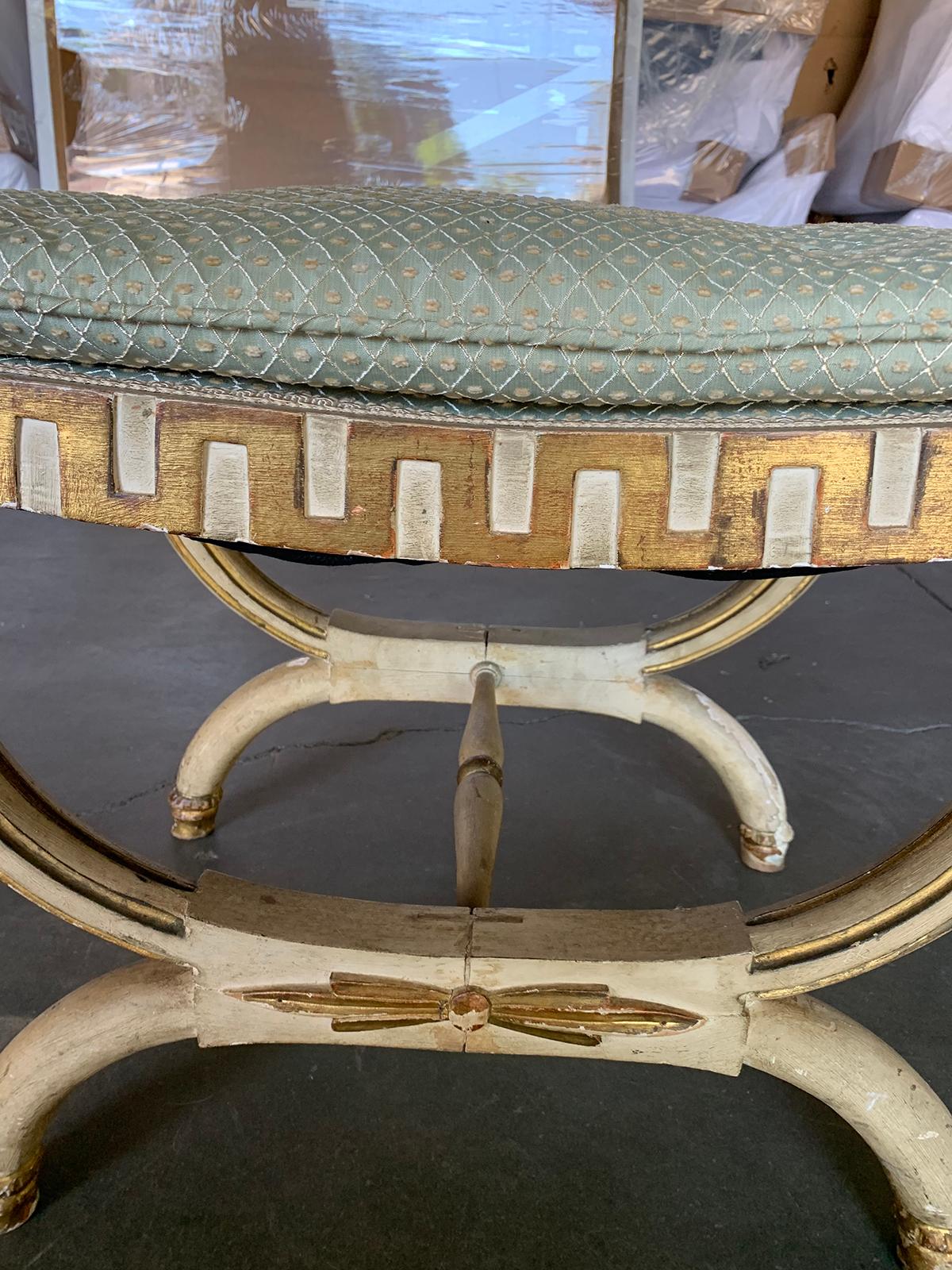 20th Century Neoclassical Painted Bench Stool with Greek Key and Gilt Details 1