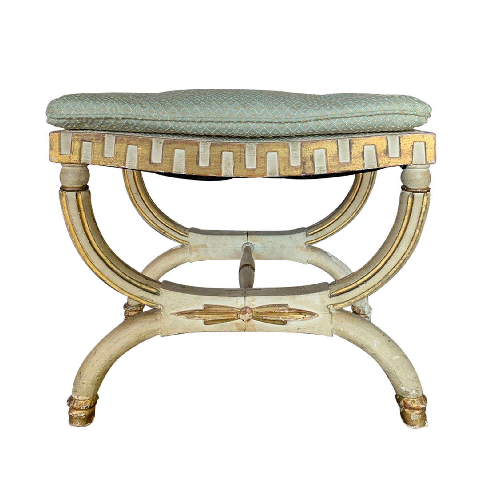 20th Century Neoclassical Painted Bench Stool with Greek Key and Gilt Details