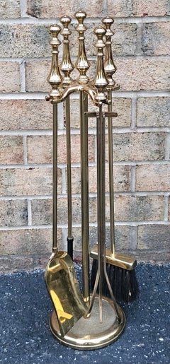 20th Century Neoclassical Solid Brass Fireplace Tools Set on Stand