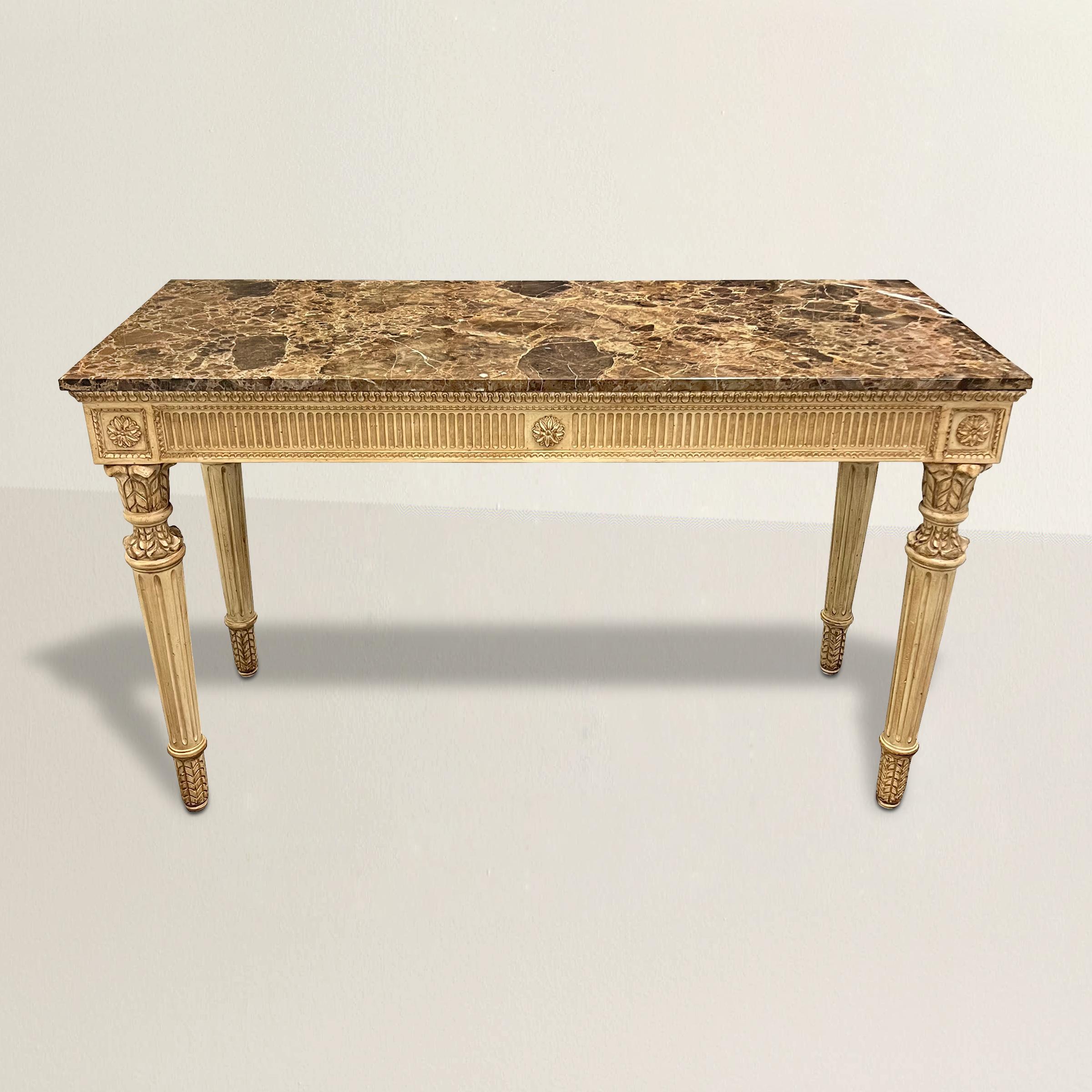 Elevate your interior with a 20th-century American Neoclassical-inspired console table, a testament to the enduring allure of antiquity. Crafted with meticulous attention to detail, this masterpiece features a Nero portoro marble top that exudes